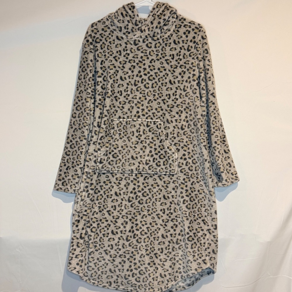 32 Degrees Heat Womens Leopard Print Plush Fleece Sleep Hoodie S/M Tan Black